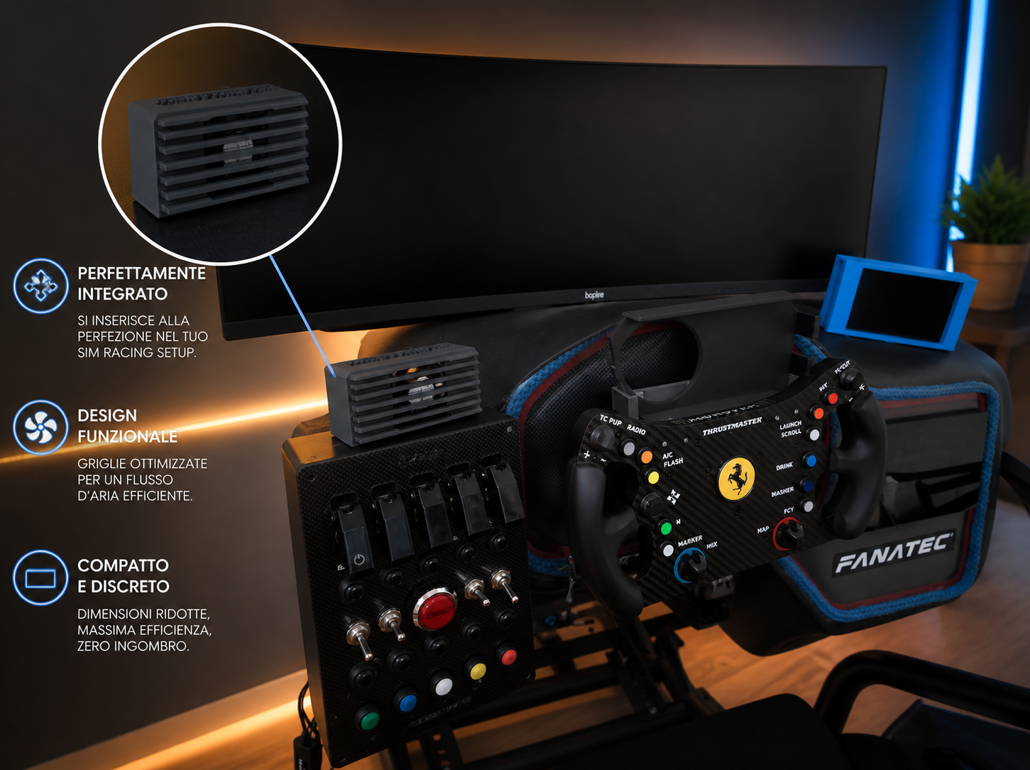 Mini ventilatore adatto alle postazioni di guida, simulatore, sim racing, stampa 3D